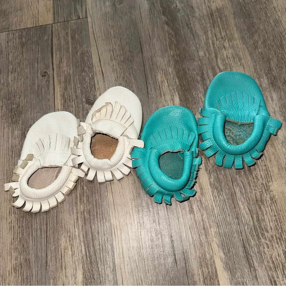Chic Cream and Teal Kids Moccasins